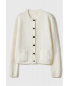 Women White Brushed 100% Cashmere Sweater- Cardigan Design with Pucket