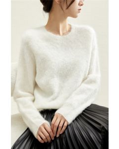 Women White Brushed Cashmere Sweater-Pullover Style